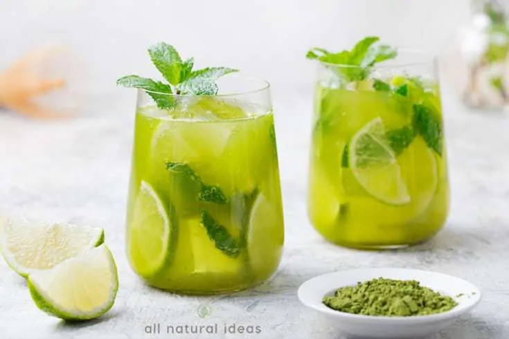 Glasses of cold matcha tea drinks