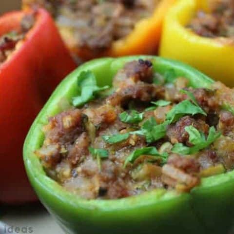 Pan of easy paleo stuffed peppers